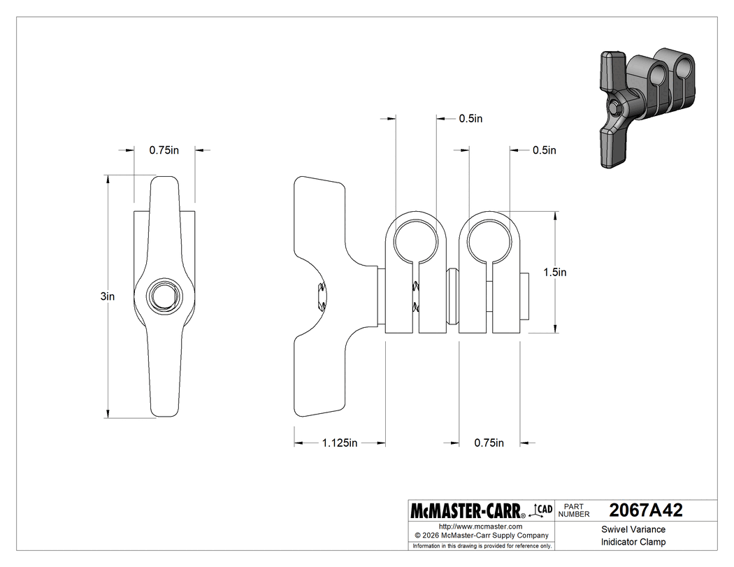 Technical Drawing of Swivel Variance Indicator Clamp, with 1 Wing Nut, Stainless Steel, 1/2" and 1/2" Diameter.